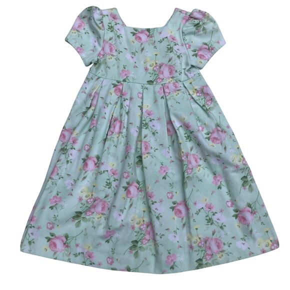 VTG 90s Hartstrings Dress Girls 4 Cap Sleeve Green Pastel Floral Easter Spring - Picture 1 of 9
